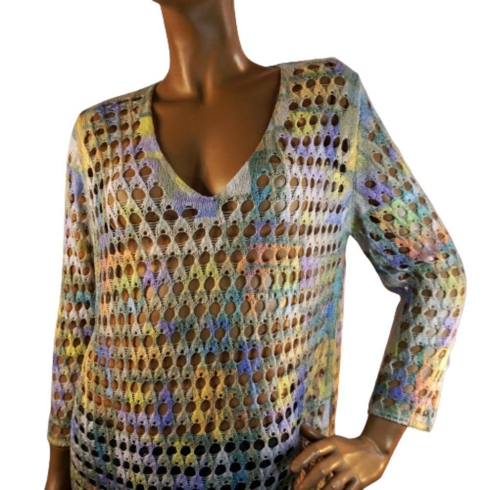 Fisherman Tunic Boho Open Stitch Multicolor Crochet Sz L